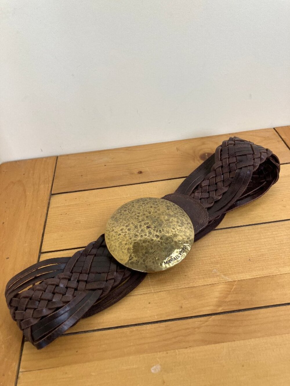 Michael Kors Brass Belt Buckle on Woven Brown Leather Wide Belt Adjustable Size